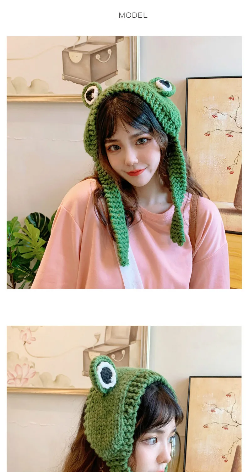 H7735 Frog Knitted Beanie Hat Women Autumn Winter Sweet Cute Warm Korean Headpiece Student Girl High Quality Fashion Thick Hats
