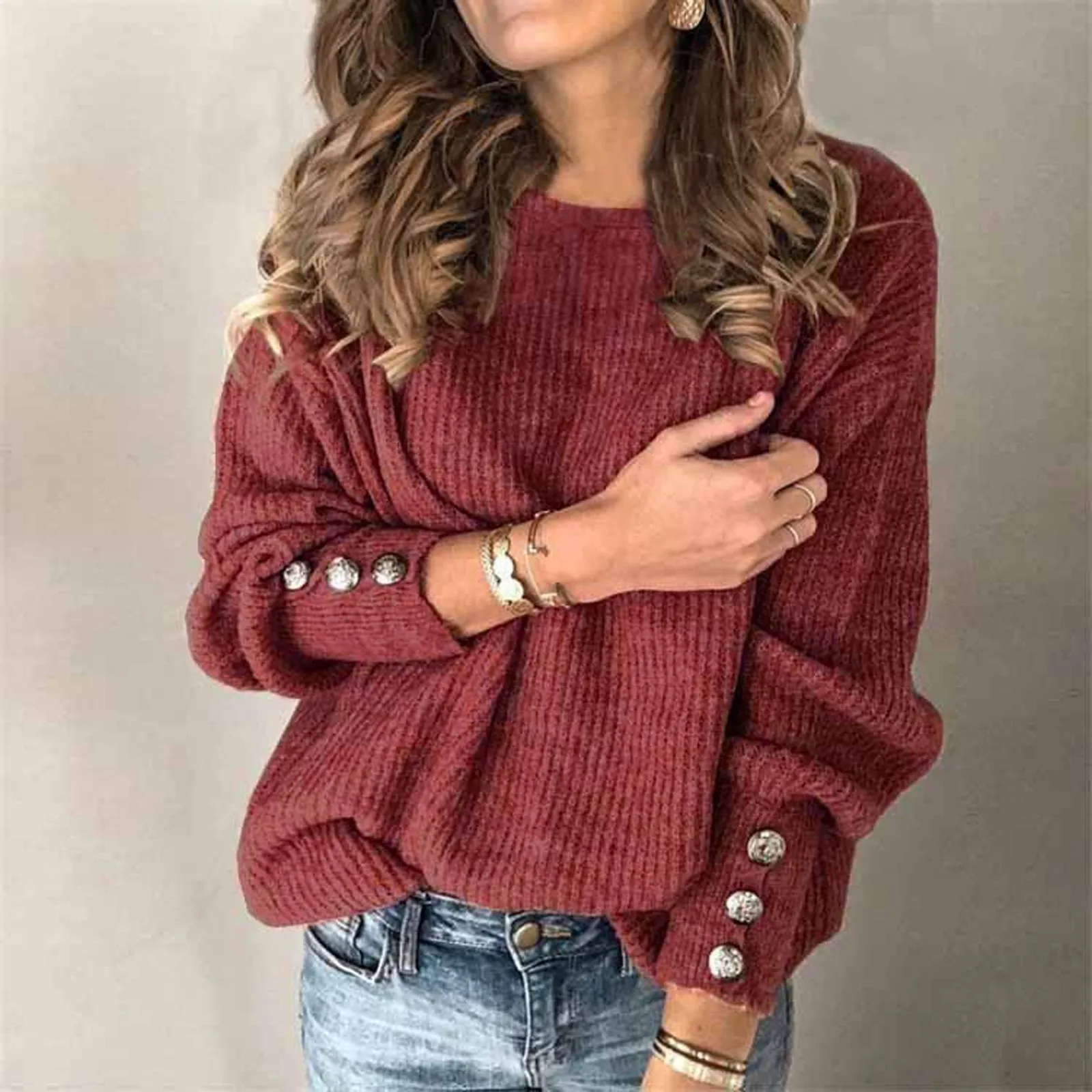 Suéter de manga larga para Mujer, Jersey a la moda de Color liso, cuello redondo, cálido, sencillo y elegante, n. ° 53