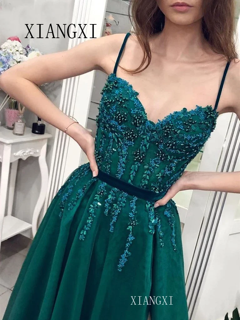 

2020 Spaghetti Straps Formal Party Dress Sweetheart Neck Beaded Lace Teal Green Prom Dresses Long Sexy Leg Slit Evening Gowns