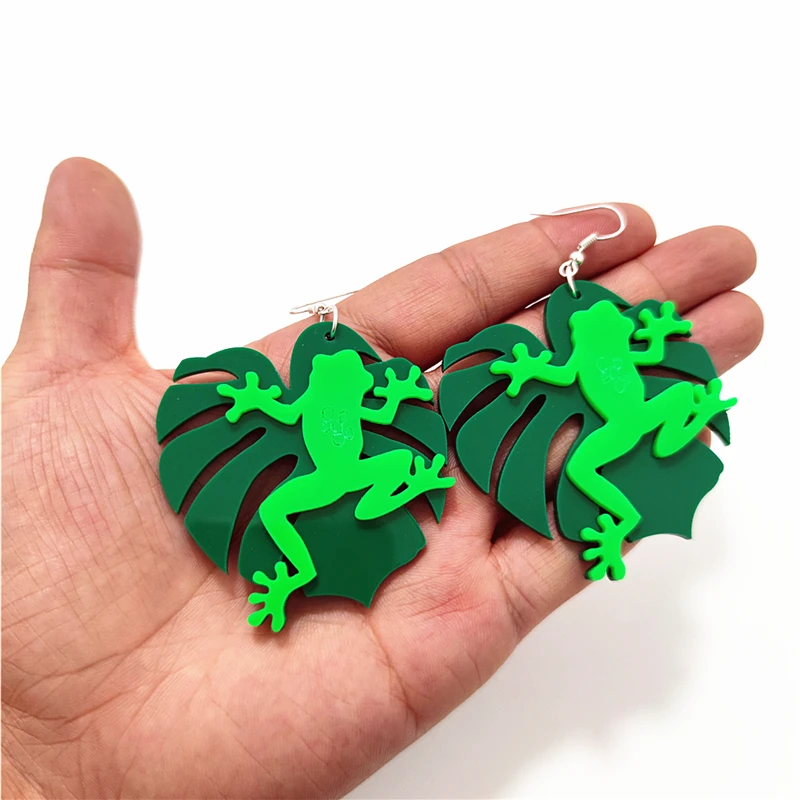 KUGUYS Grüne Regenwald-Frosch-Ohrringe für Damen, Monstera-Blatt-Tier, trendiger Schmuck, Accessoires