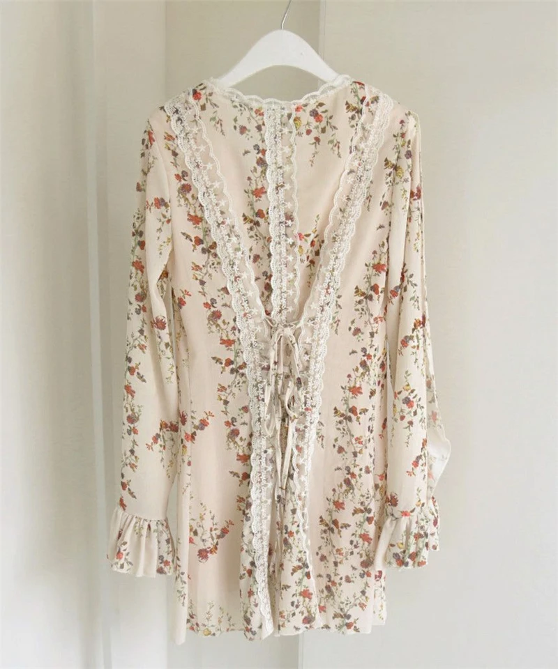 Lace Chiffon Mini Dress Women New Arrivals V-neck Lace Up Slim-fit Floral Print Flared Sleeve Dresses Sweet Sexy Female Spring A