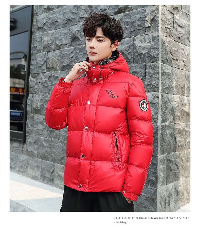 waterproof puffer jacket Winter 90% white duck down men's shiny down jacket men's short new couple models hooded down jacket Just for u Winter Down Parka mens puffer jacket