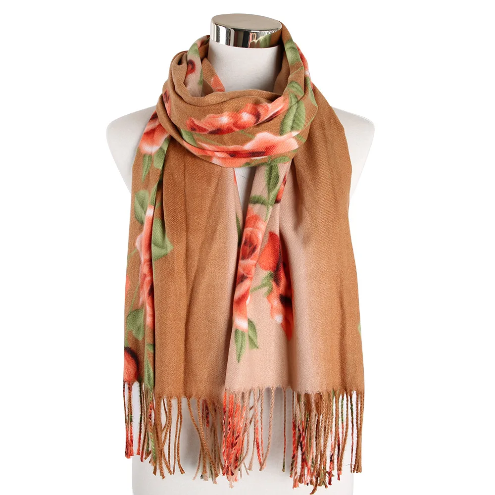 Flowers Cashmere-like Scarf Female Fashion New 60*180CM Thicken Warm Autumn Winter Windproof Tassels Decoration Scarf Shawls