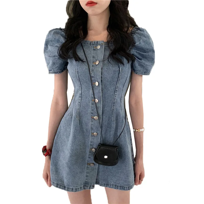 

Denim Dress Summer Word Collar Bubble Sleeves Sundress Fashion Single-breasted Chic Sexy Jeans Blue Party Dress Vestidos 2020