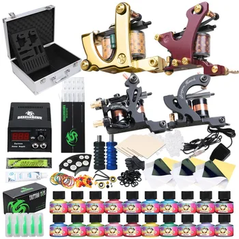 

Beginner Complete Tattoo Kit Supplies 4 Machine Guns 20 USA color Inks Power supply Needles Grip Tip Set in Box