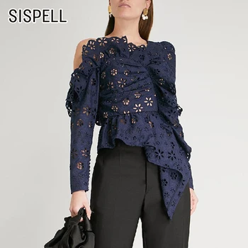 

SISPELL Asymmetric Hollow Women's Blouse Shirt Long Sleeve Off Shoulder Backless Patchwork Ruffle Lace 2020 Autumn Fashion New