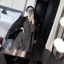 Модный осенний Черный Блейзер модный ретро v-образный вырез волнистое универсальное элегантное платье с длинным рукавом