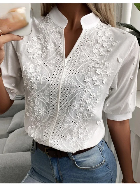 Chic Solid Hollow-out V Neck Lace Blouse Floral Patterns Embroidery Decoration Casual Women Shirt Puff Sleeved Half Cotton Tops White