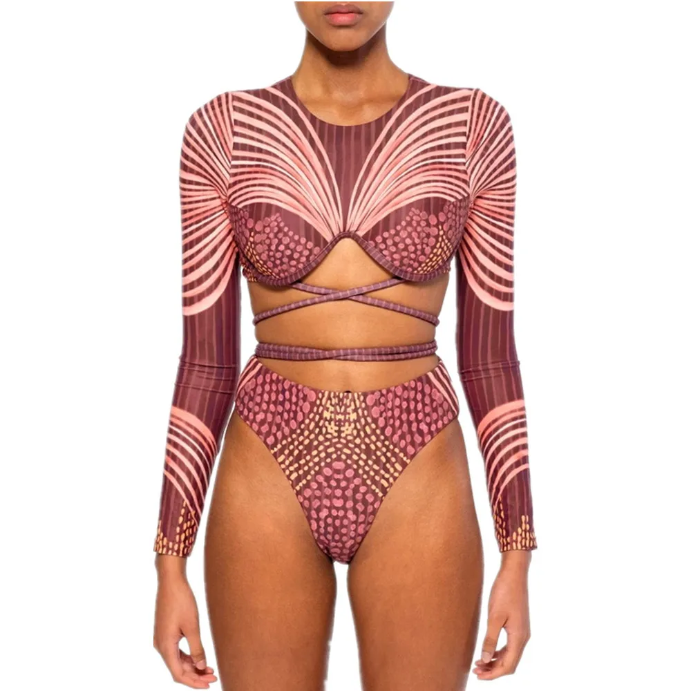 

African Print Long Sleeve Striped Bikini Beachwear Push Up Woman High Waist Swimwear Two Pieces Cross Strap Female Swimsuit