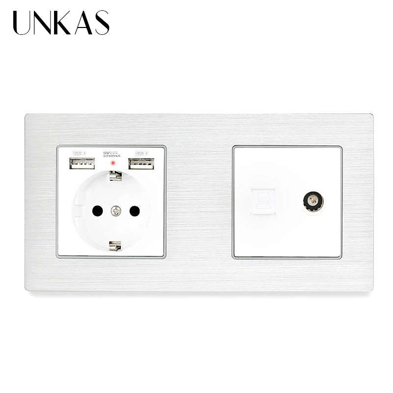UNKAS 1 Gang EU алюминиевая металлическая панельная Розетка с USB + RJ45 Интернет разъем ТВ