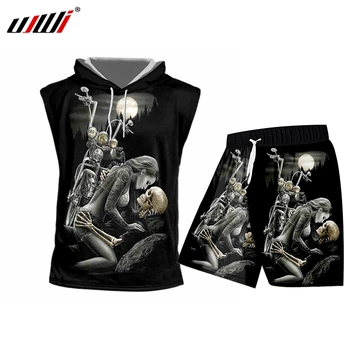 

UJWI 3d Print Hooded Tank Top Shorts Men's Sets Vest Oversize Hipster Sleeveless Suits Horror Skull Casual Motorcycle Summer