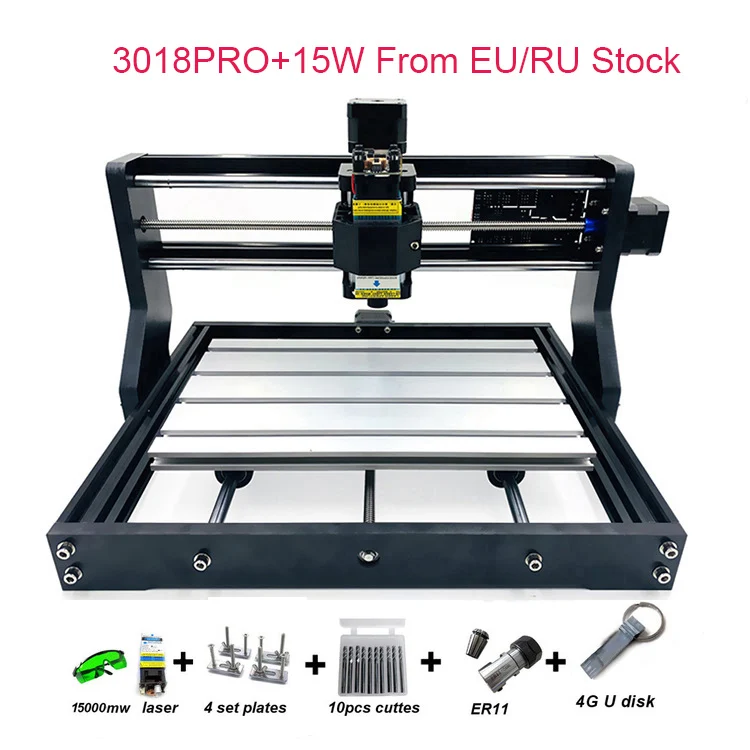 Малый CNC 3018 PRO 5,5 Вт 15 Вт Лазерный фрезерный станок с программным обеспечением GRBL может добавить 500 МВт/2500 мвт/5500 МВт лазер