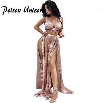 

Sparkly Pink Sequined A-Line Evening Dresses 2020 High Split Sexy V Neck Backless Sweep Train Long Formal Evening Prom Gown
