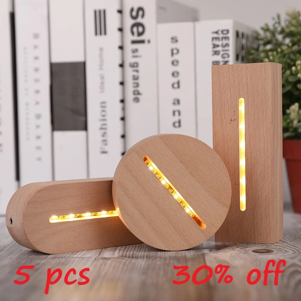 3D Wooden Lamp Base LED Square Round USB Night Light Bases For Acrylic Replacement  Beech  Table Holder Eco-Friendly