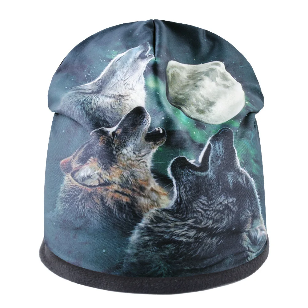 

2019 Winter Warm Fleece Knitted Cap Women Skiing Hat Man Wolfs and Moon Beanie Hat