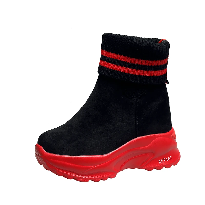 New Short Plush Warm Knee Platform Boots Women Fashion Round Toe Socks Boots Shoes Woman High Heel Ankle Boots Zapatos De Mujer - Цвет: Красный