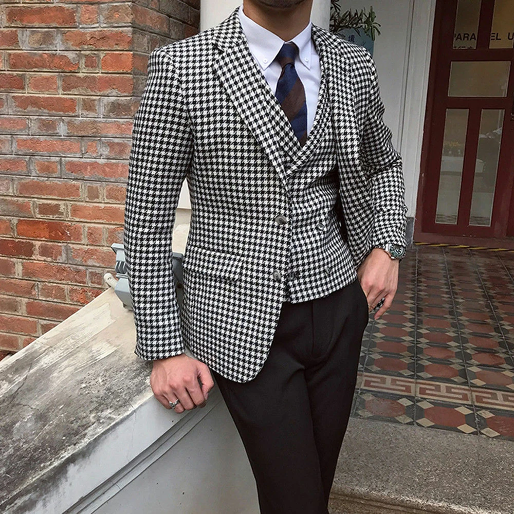 

Men's Houndstooth Blazer Suits Houndstooth Jaket for Wedding Suits Formal Tweed Tuxedos Custom Made Man Suits Jacket+pants+vest