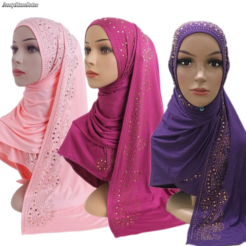 Modal Cotton Muslim Women Hijab Glitter Rhinestones Party Turban Head