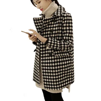 

2019 New Autumn and Winter Jacket Clothing Korean Women Double-breasted Houndstooth Wool Coat Female Woolen Coat NS1365