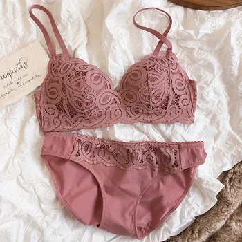 

Wriufred Gather absorb sweat comfortable lingerie set wire free thin cup underwear breathable plus size women bra briefs set