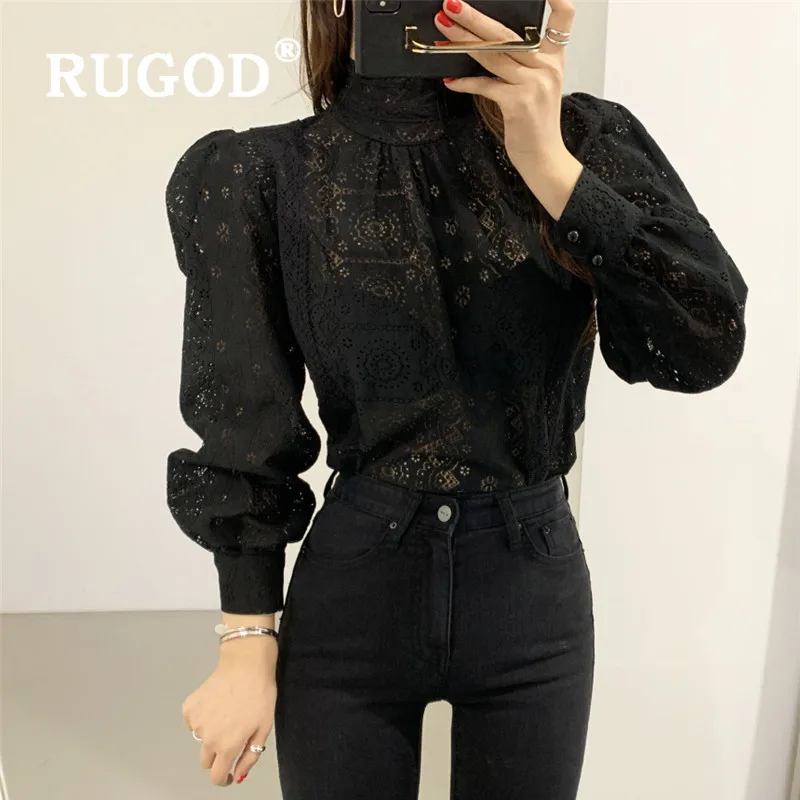 RUGOD Весенняя кружевная блузка, женские блузки с длинным рукавом, элегантный сексуальный топ, корейская модная одежда, рубашка со стоячим воротником