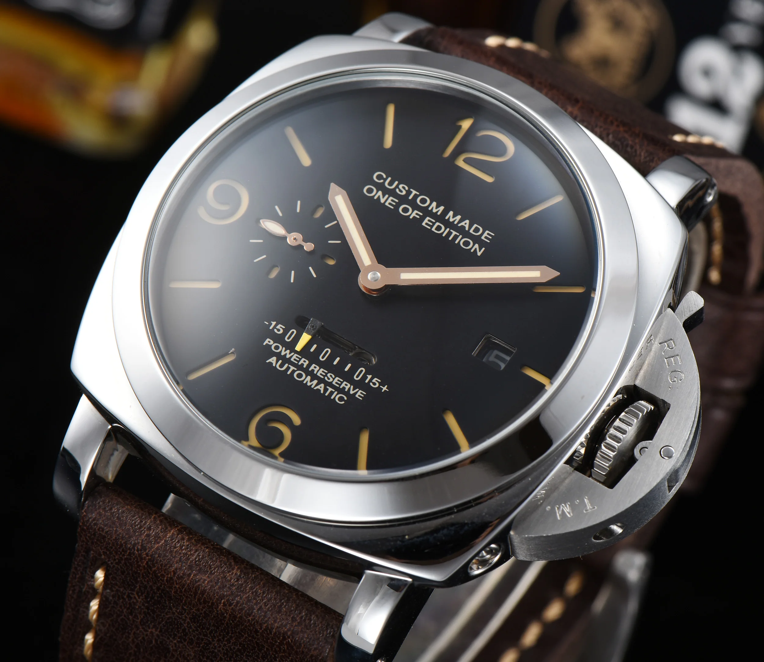 

Automatic watch 47mm Movement power reserve Stainless Steel case Men's Watch High Quality Leather Strap a1