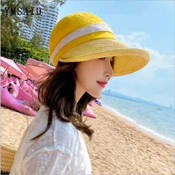 

Ymsaid Fashion Women Sun Hat Summer Beach Foldable cloth Stitching straw Hat Anti-UV Wide Brim Travel Sun Hats Girl 2020 New