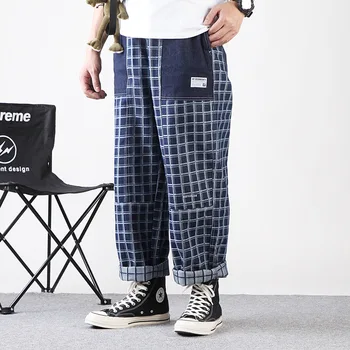 

Male Hip Hop Vintage Plaid Splice Jeans Trousers Men Japan Streetstyle Fashion Casual Loose Straight Wide Leg Denim Pant