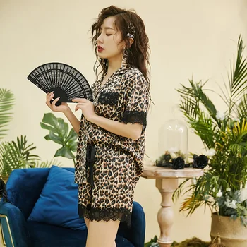 

Leopard Pajamas Summer Ladies Sexy Lace Stitching Pajamas Suit Short-sleeved Shorts Fashion Thin Section Cool Ladies Sleepwear