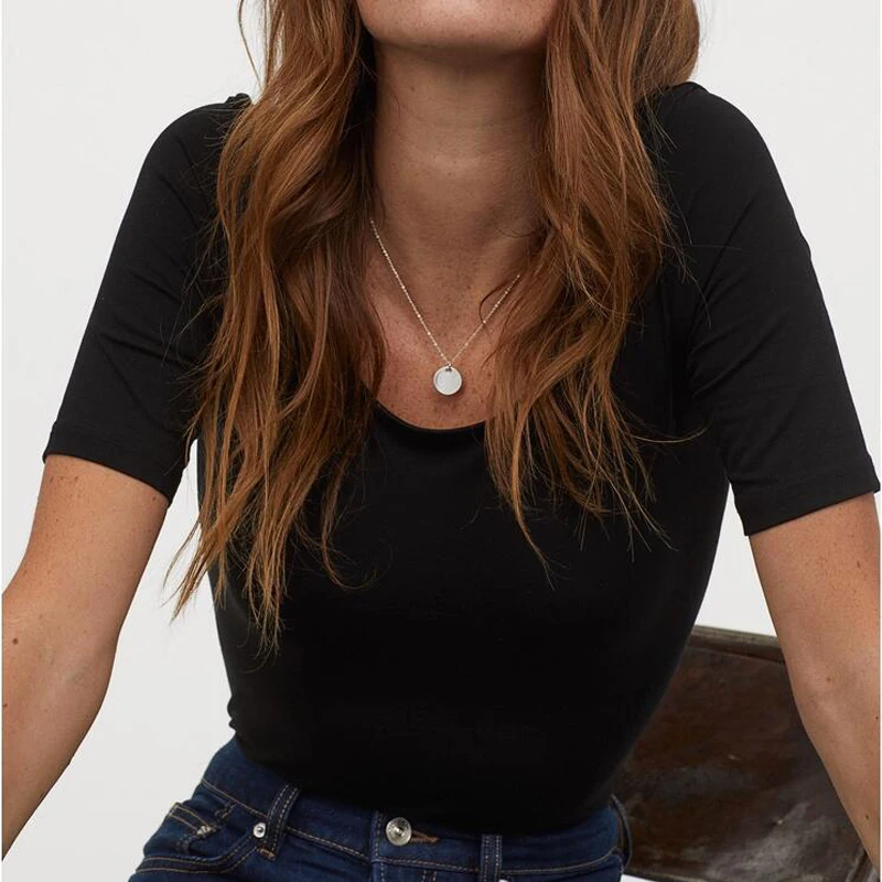 

2 Pieces Scoop Neck T Shirts Women Elegant Harajuku Aesthetic Sexy Slim Office Lady Black White Basic Cotton Crop Tops Plus Size