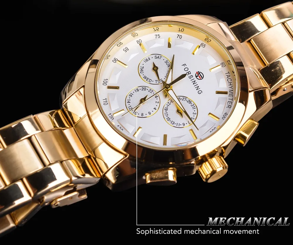 Forsining золотые мужские механические часы модные 3 циферблата Календарь Стальной ремешок бизнес джентльмен автоматические часы Montre Homme
