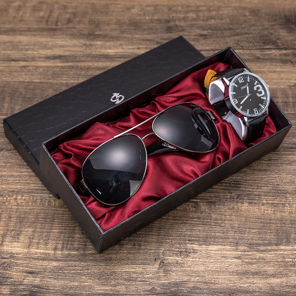 

Set -2pes/set Men's Gift Set Beautifully Packed Watch +Sunglass Simple Creative Combination Set Men Fashion Watch Quartz B