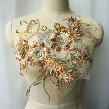 

Gold Yellow Lace Fabric Sequin 3D Flower Tassel Wedding Gown Appliques Embroidered Collar Sew Patch For Dress DIY Decoration