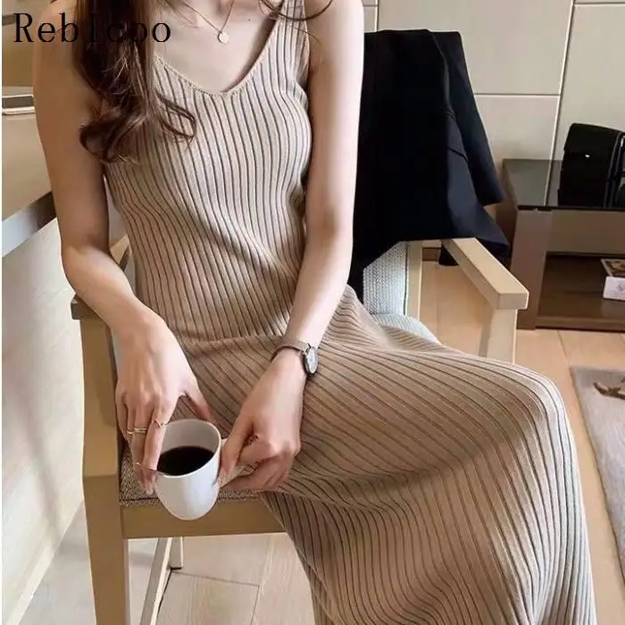

New Women Spaghetti Strap Dresses Split V-Neck Knitted Dress Elegant Ladies Sleeveless Bodycon Robe Vestidos