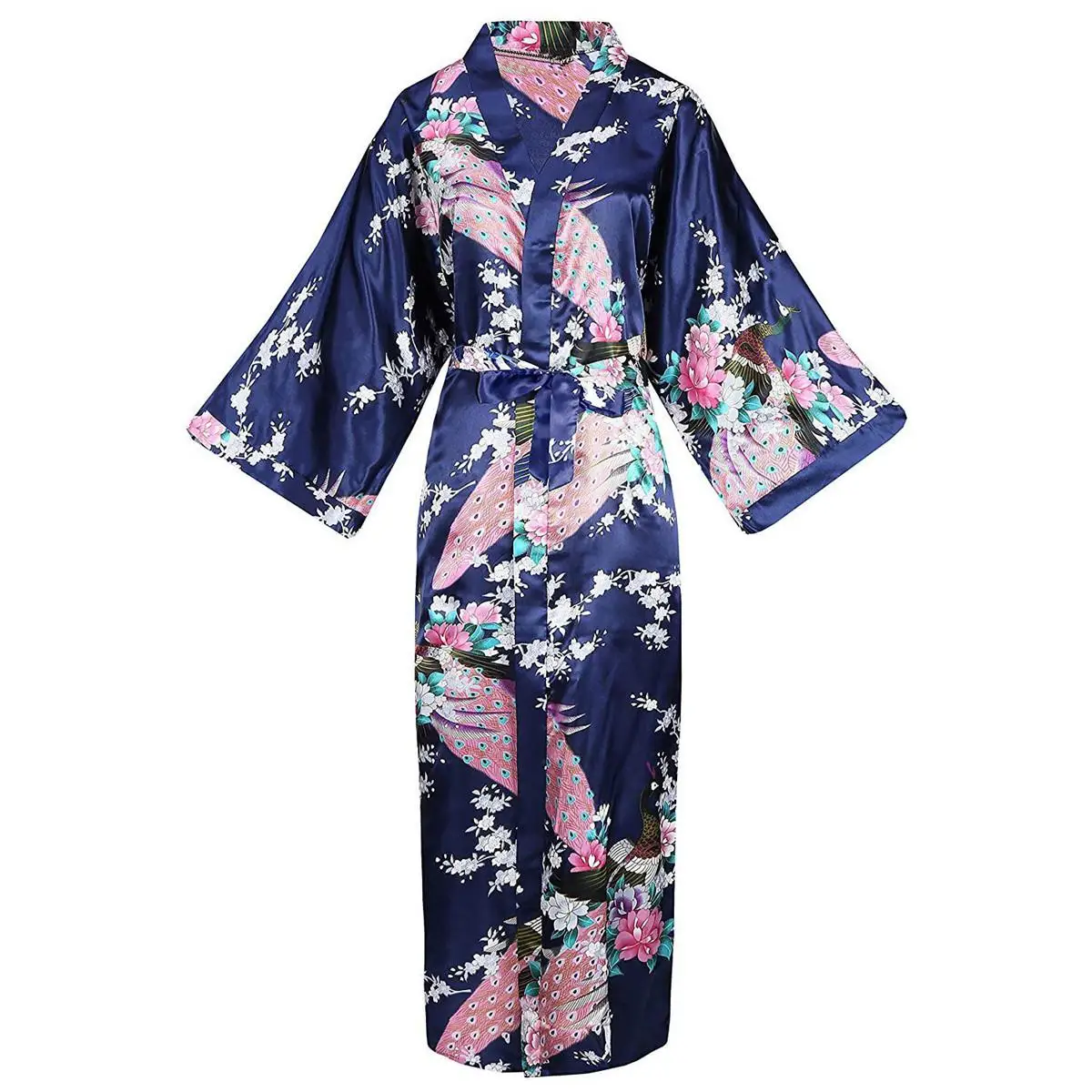 Большие размеры, повседневный мягкий женский халат-кимоно, домашняя одежда, Элегантная ночная рубашка с цветочным принтом, удобные атласные банные платья 3XL - Цвет: Navy Blue2