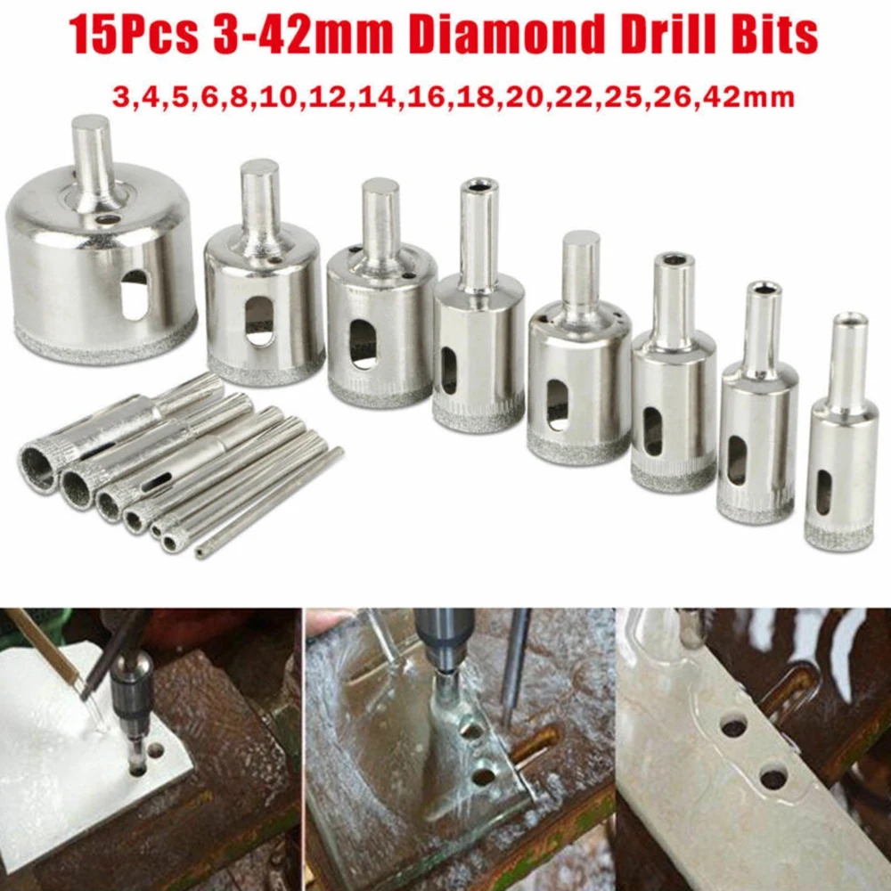 

15Pcs Diamond Hole Saw 3mm-42mm Assorted Set Drill Bit Saw Set Tile Marble Glass