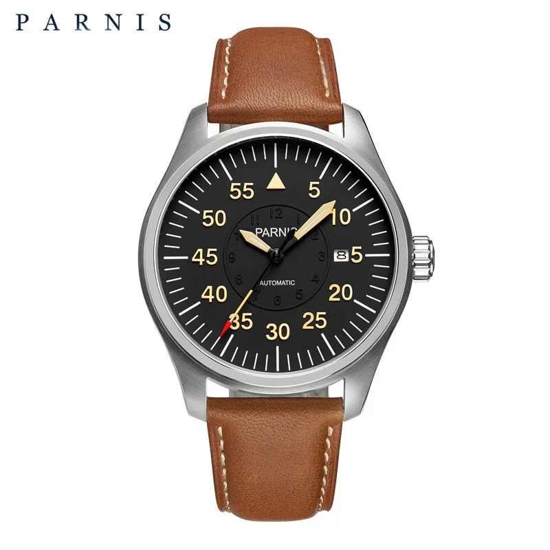 

Parnis 44mm Watch Men Automatic Mechanical Wrist Watch Stainless Steel Case Black Dial Luminous Number Military Men Watch