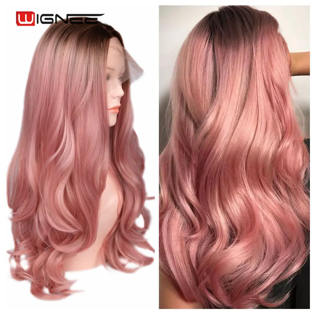 Wignee синтетический парик на кружеве длинный Омбре розовый натуральный волнистые волосы парик термостойкий для женщин волокно Glueelss косплей волосы парики