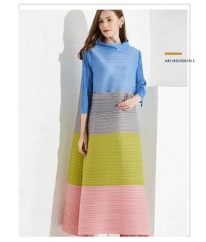 

HOT SELLING fashion striped pleated loose stand three quarter women LONG DRESS IN STOCK