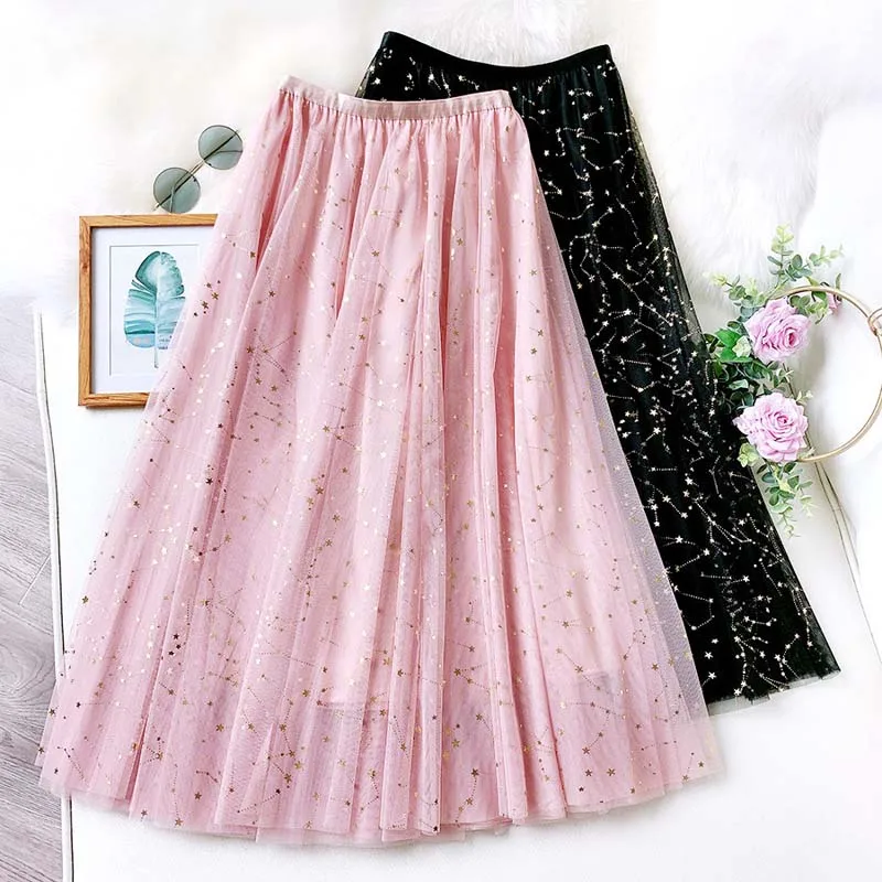 

Wasteheart Autumn New Pink Black Women Skirts Mesh High Waist Pleated Ankle Length Long Skirt Ball Gown Clothing Gold Stamping