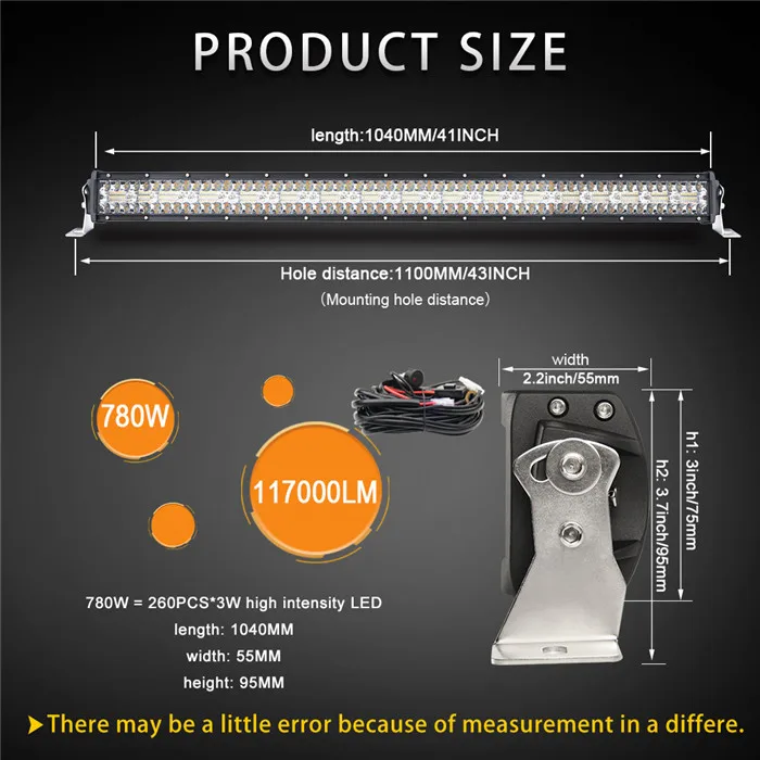 CO LIGHT 42 дюймов 3 ряда Led Light 4x4 внедорожный бар 780 Вт Стробоскопическая Светодиодная лампа для авто 4WD грузовик ATV 12 в 24 в трейлер рабочие огни 12 в 24 В - Цвет: 42 inch with Wires