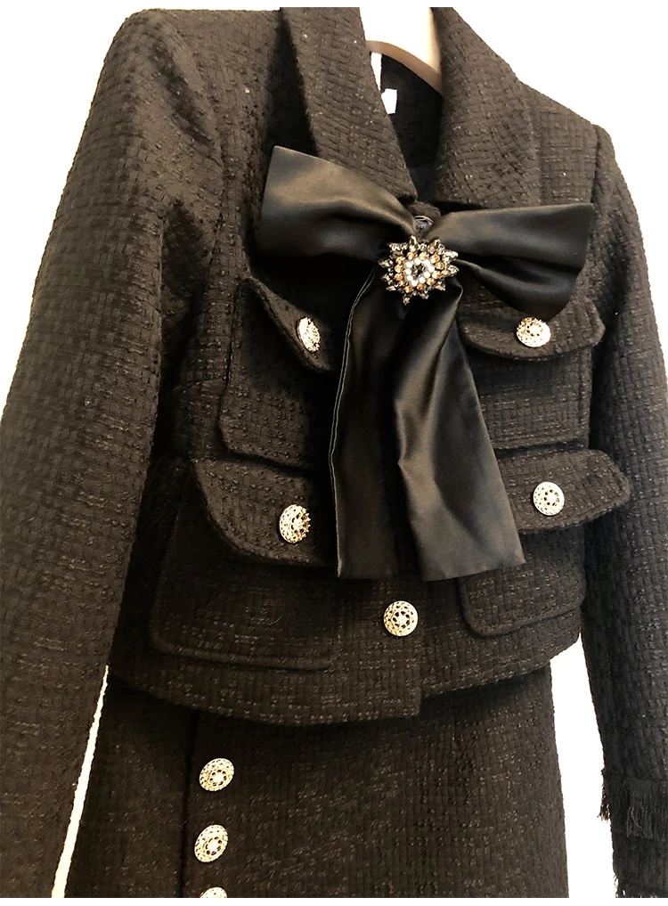 Осенне-зимние Подиумные высококачественные твидовые комплекты из 2 предметов с кисточками Женская куртка с длинными рукавами и бантом+ мини-Костюмы для похудения