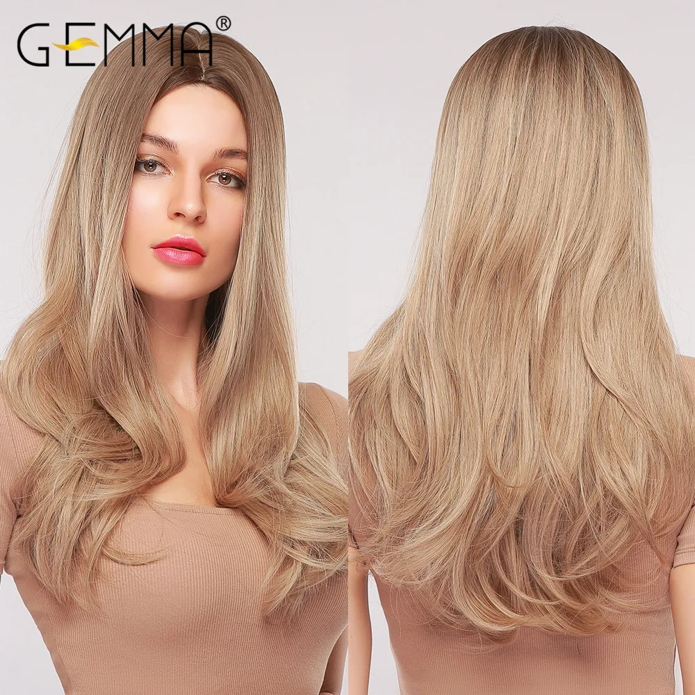 

GEMMA Long Wavy Ombre Black Bwon Fake Hair Wigs Cosplay Party Natural Middle Part Synthetic Women' s Wig Heat Resistant Fibre