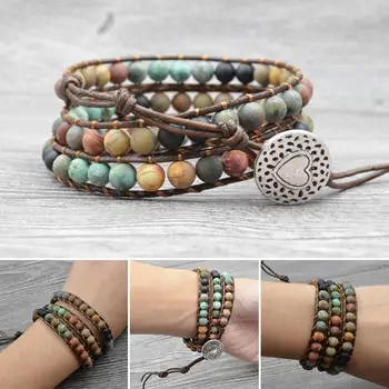 

Bohemia Jewelry Bracelets 6MM Matte Stone Wrap Leather Bracelets Vintage 3 Strands Multilayer Woven #734