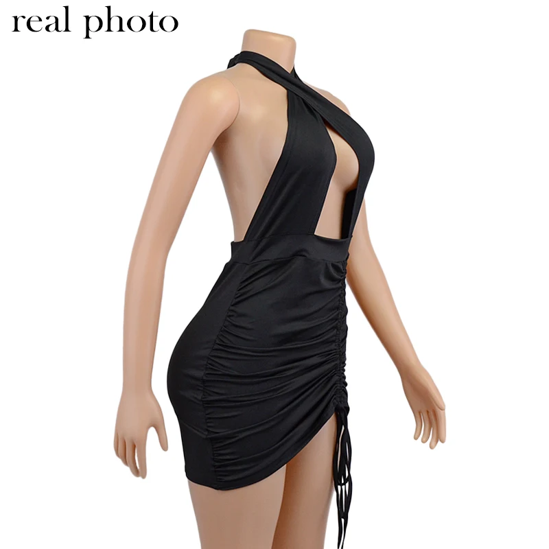 Simenual Drawstring Halter Neck Party Dresses Ruched Bandage Hot Sexy Club Night Birthday Outfit Women Skinny Mini Summer Dress