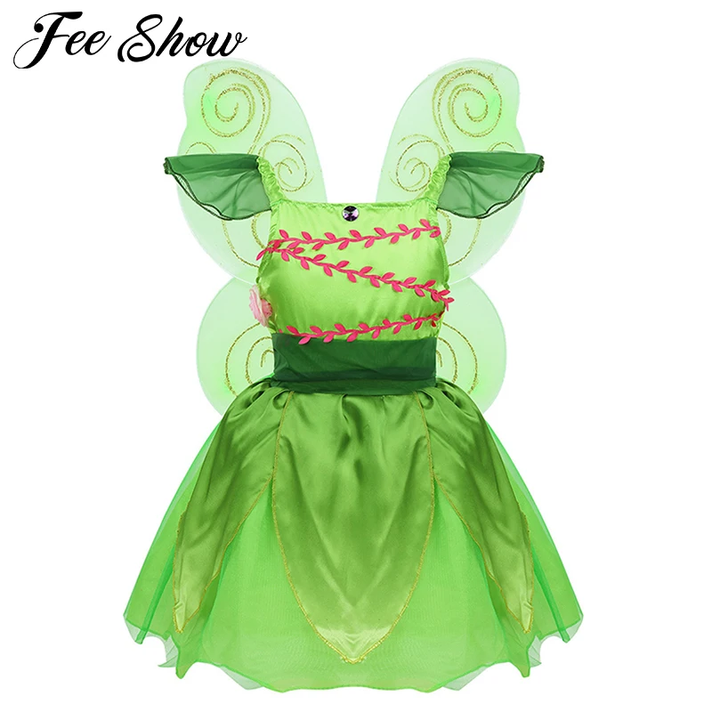 Карнавальный костюм зеленого эльфа для девочек платье-пачка с цветами и крыльями для девочек Детские вечерние реквизит для карнавала на Хэллоуин
