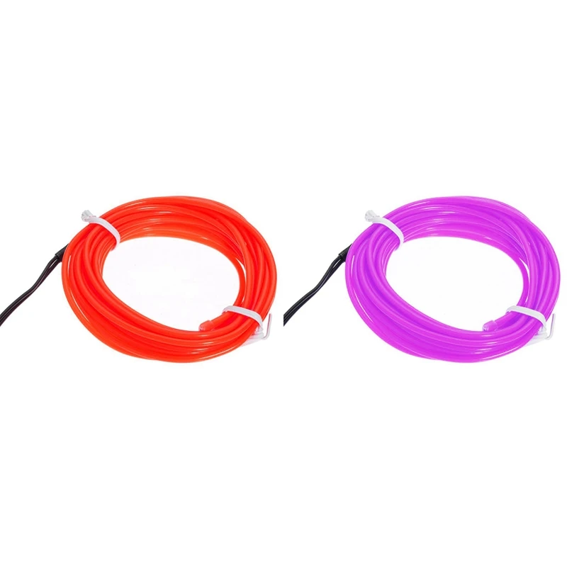 

2 Pcs Flexible EL Wire Neon Light 5M Dance Party Decor+Controller, Purple & Red