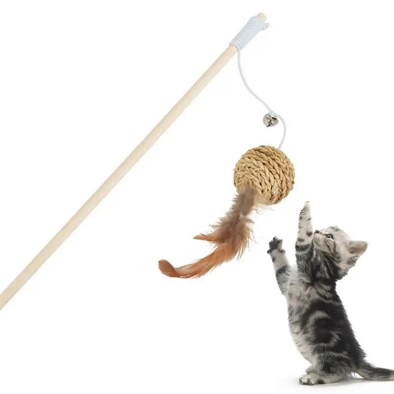 Legendog 1pc Cat Teaser Toy Wooden Rod Ball Fake Feather Ball Decor Interactive Toy For
