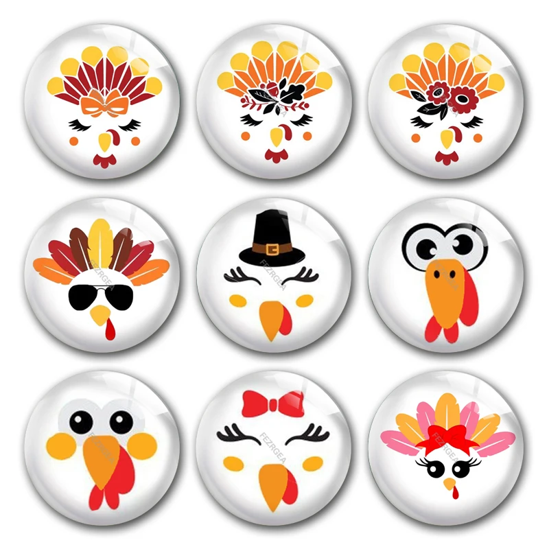 Handmade Thanks Giving Day Autumn Turkey Gobble Round Photo Glass Cabochons Demo Flat Back DIY Jewlery Making Findings Accessory | Украшения