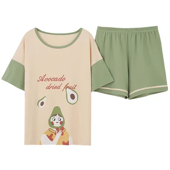

Women Sleepwear Summer Cotton Avocado T Shirt And Shorts Set Patchwork Harajuku Kawaii Kpop Style Clothes Pijamas